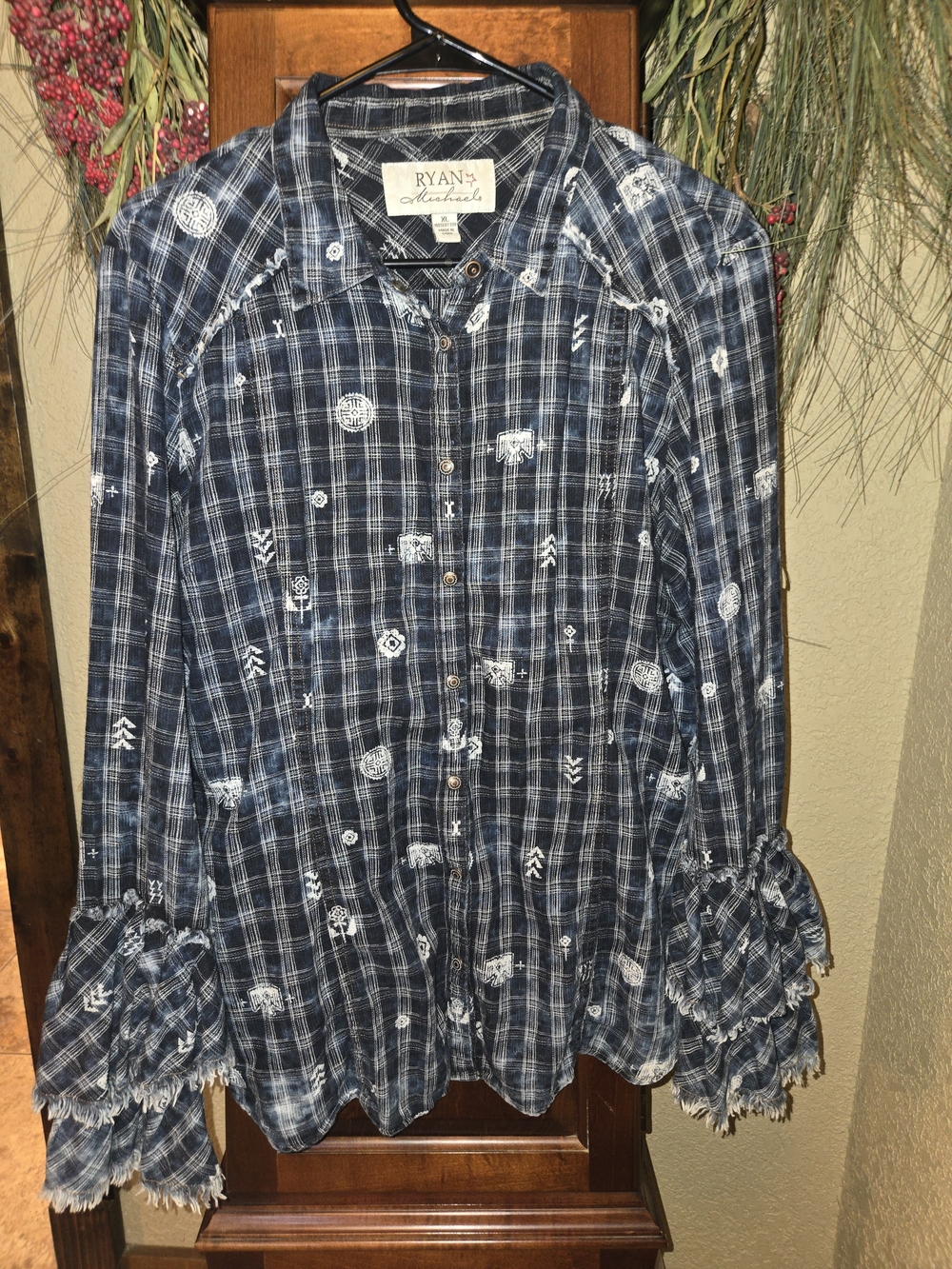 Ryan Michael Navy Plaid Button-Front Ruffle Sleeve Top